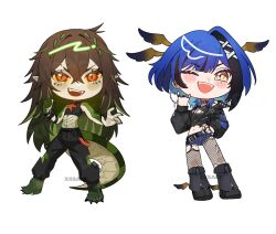  2girls :d beastiez black_boots black_hair black_jacket black_pants black_shirt blue_hair boots brown_hair chibi colored_sclera crocodile_girl crocodilian_tail fishnet_thighhighs fishnets green_streaks head_wings indie_virtual_youtuber isaa_corva jacket kairyu_crocodile long_hair mole mole_under_eye multicolored_hair multiple_girls one_eye_closed open_mouth pants pointy_ears red_eyes shirt short_hair shorts sleeveless sleeveless_shirt smile streaked_hair tail thigh-highs virtual_youtuber wings xiisalt yellow_eyes yellow_sclera 
