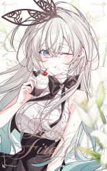  1girl :t ;t absurdres bare_shoulders black_bow black_skirt blurry blurry_foreground blush bow breasts cherry closed_mouth commentary_request cupcake depth_of_field eating firefly_(honkai:_star_rail) flower food food_on_face fruit grey_hair hair_between_eyes hand_up highres holding holding_food honkai:_star_rail honkai_(series) long_hair looking_at_viewer mattang medium_breasts one_eye_closed pink_eyes shirt skirt sleeveless sleeveless_shirt solo very_long_hair white_flower white_shirt 