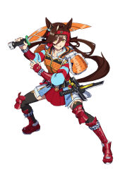  animal_ears armor brown_hair brown_tail ear_ornament headband holding holding_sword holding_weapon horse_ears horse_girl horse_tail japanese_armor kamen_rider kamen_rider_gaim kamen_rider_gaim_(orange_arms) kamen_rider_gaim_(series) knee_armor leg_armor no_reason_(umamusume) red_headband red_skirt rider_belt sengoku_driver skirt sword tail tenkey2022 umamusume weapon yellow_eyes 