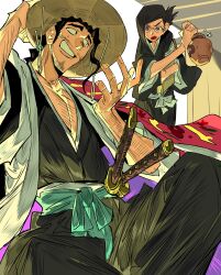  1boy 1girl absurdres beard_stubble black_hair black_kimono bleach book commentary facial_hair furrowed_brow glasses hat highres holding holding_book ise_nanao japanese_clothes katana kimono kyouraku_shunsui long_hair multiple_swords nervous_smile open_mouth rice_hat shihakusho smile stubble sweatdrop swept_bangs sword updo violet_eyes weapon xi_luo_an_ya 