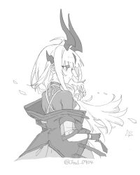  1girl ahoge arknights blush bodystocking commentary_request dragon_girl dragon_horns dress from_side gloves greyscale highres horns joul_0704 long_hair monochrome official_alternate_costume profile reed_(arknights) reed_the_flame_shadow_(arknights) simple_background smile solo upper_body white_background 