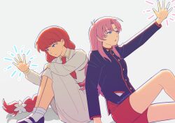  2girls black_jacket blue_eyes blue_jacket braid collared_jacket commentary cubedmango dress english_commentary flower full_body hair_flower hair_ornament hair_tie high_collar highres hugging_own_legs jacket jewelry kneehighs knees_up lara_(sayonara_lara) long_hair long_sleeves looking_at_hand mary_janes multiple_girls neckerchief pink_hair red_hair red_neckerchief red_shorts ring sailor_collar sayonara_lara shoes shorts shoujo_kakumei_utena simple_background single_braid single_kneehigh single_sock sitting socks tenjou_utena white_dress 