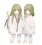  2boys androgynous arm_at_side bangs barefoot blush character_request enkidu_(fate) fate/grand_order fate_(series) flag frown green_hair hand_up highres holding holding_flag jewelry kingu_(fate) long_hair long_sleeves look-alike looking_at_viewer male_focus medium_hair multiple_boys pants pendant robe rocco simple_background sleeves_past_wrists smile very_long_hair white_background white_pants white_robe wide_sleeves 
