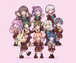  6+girls ;) ahoge anyoji_hime aqua_eyes aqua_neckerchief black_choker black_hair black_pantyhose black_socks blonde_hair blue_eyes blue_hair blunt_bangs blunt_ends bob_cut brown_dress brown_hair brown_shoes ceras_yanagida_lilienfeld choker clenched_hand clenched_hands commentary_request double_v dress everyone flower fujishima_megumi full_body gradient_hair green_eyes grey_hair hair_bun hair_flower hair_intakes hair_ornament hair_ribbon hasu_no_sora_school_uniform hellomegu! hinoshita_kaho hira_65536 hood hooded_jacket jacket jellyfish_cut kachimachi_kosuzu katsuragi_izumi long_hair long_sleeves looking_at_viewer love_live! love_live!_hasu_no_sora_jogakuin_school_idol_club medium_dress momose_ginko multi-tied_hair multicolored_hair multiple_girls murano_sayaka neckerchief one_eye_closed open_clothes open_hand open_jacket orange_eyes orange_hair osawa_rurino otomune_kozue outstretched_arm pantyhose pink_background pink_eyes pink_flower pink_hair pink_jacket pink_ribbon pixel_art ponytail purple_hair raised_fist red_flower red_neckerchief ribbon sailor_collar sailor_dress school_uniform shoes short_hair side_ponytail sidelocks simple_background single_side_bun smile socks standing star_(symbol) star_hair_ornament twintails two_side_up v v_over_head violet_eyes virtual_youtuber white_sailor_collar winter_uniform yellow_neckerchief yugiri_tsuzuri 