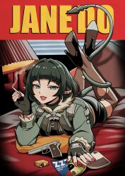  1girl :d absurdres animal_ears ass avocaboo_(zenless_zone_zero) bangboo_(zenless_zone_zero) bed_sheet bedroom black_gloves black_hair black_shoes black_shorts black_thighhighs blunt_bangs cameo character_name cigarette cigarette_pack commentary copyright_name cover cover_page earrings fingerless_gloves fur-trimmed_jacket fur_trim glock gloves green_eyes grey_jacket gun handgun high_heels highres holding holding_cigarette indoors jacket jane_doe_(zenless_zone_zero) jewelry lampshade lipstick long_sleeves looking_at_viewer lying magazine_(object) magazine_cover makeup mouse_ears mouse_girl mouse_tail nail_polish on_bed on_stomach parody pouch pulp_fiction red_nails shoes short_hair short_shorts shorts sidelocks single_earring smile smoke smoking solo tail thigh-highs torn_clothes torn_thighhighs washin weapon window window_blinds zenless_zone_zero zettai_ryouiki 