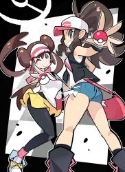  2girls absurdres black_pantyhose bourbunbun brown_hair commentary donut_hair_bun double_bun hair_bun highres hilda_(pokemon) holding holding_poke_ball multiple_girls pantyhose pantyhose_under_shorts poke_ball poke_ball_(basic) poke_ball_print pokemon pokemon_black_2_and_white_2 pokemon_black_and_white rosa_(pokemon) shorts twintails visor_cap yellow_shorts 