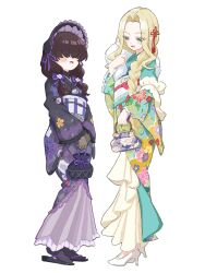  2girls :d alternate_costume alternate_hairstyle aqua_eyes bag black_bonnet black_kimono black_socks blonde_hair blush bonnet braid colored_eyelashes contemporary_traditional_clothes covered_eyes curtained_hair fashion fishnet_gloves fishnets floral_print floral_print_kimono flower flower_knot frilled_kimono frills full_body fur_shawl gloves green_kimono hair_flower hair_ornament hair_over_eyes hair_ribbon han'eri hand_on_own_chest handbag high_heels highres holding holding_bag holding_kinchaku japanese_clothes kakure_meme kimi_no_koto_ga_dai_dai_dai_dai_daisuki_na_100-nin_no_kanojo kimono kinchaku lace-trimmed_bonnet lace-trimmed_kimono lace-trimmed_sleeves lace_trim long_hair long_sleeves looking_at_another mamesuki multicolored_kimono multiple_girls obi obidome obijime own_hands_together pleated_kimono pouch print_kimono pumps purple_bonnet purple_ribbon ribbon sandals sash shawl shoes sidelocks simple_background single_braid smile socks standing utsukushisugi_mimimi very_long_hair white_background white_flower white_shoes wide_sleeves zouri 