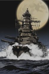  battleship boat cannon highres matsuda_juukou military_vehicle moon night no_humans ocean original outdoors ship ship_turret signature warship water watercraft 