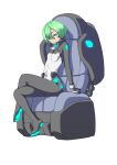  1girl blue_eyes bodysuit breasts covered_navel crossed_legs fujisawa_takashi glowing glowing_eyes green_hair original science_fiction short_hair sitting small_breasts solo white_background 