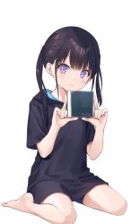  1girl barefoot blue_dress blue_hair blue_shorts cd cd_case closed_mouth commentary_request dress full_body highres holding_cd hood hood_down hooded_dress looking_at_viewer medium_hair na-ga original shorts shorts_under_dress simple_background sitting smile solo twintails two-sided_fabric two-sided_hood violet_eyes white_background 