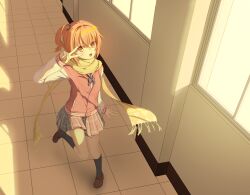  1girl :d arm_at_side black_socks blue_bow blue_scrunchie bow brown_shoes charo_(meme) chest_bow commentary_request fringe_trim full_body grey_skirt hair_between_eyes hair_ornament hair_scrunchie hallway hand_up haoge_china highres himematsu_academy_school_uniform inaba_meguru indoors jacket kneehighs letterman_jacket loafers long_hair long_scarf looking_at_viewer meme miniskirt one_side_up open_mouth orange_hair partial_commentary pink_jacket plaid_clothes plaid_skirt pleated_skirt red_eyes sanoba_witch scarf school_uniform scrunchie shoes sidelocks skirt sleeves_past_wrists smile socks solo standing standing_on_one_leg tile_floor tiles v v_over_eye white_sleeves window yellow_scarf 