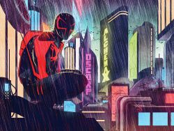  1boy animal_print arm_spikes arms_between_legs black_bodysuit bodysuit building city cityscape colin_craker commentary cyberpunk facing_viewer from_side full_body highres marvel marvel_2099 mask miguel_o'hara multicolored_bodysuit neon_lights night oscorp_(spider-man) outdoors rain red_bodysuit rooftop skull_print solo spider-man spider-man_(2099) spider-man_(series) spider_print spiked_arm squatting superhero_costume two-tone_bodysuit 