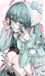  1girl absurdres adjusting_eyewear ahoge aqua_eyes aqua_hair aqua_jacket aqua_nails bag bandana clover dupu four-leaf_clover hair_ornament hairclip handbag hatsune_miku headphones headphones_around_neck highres jacket legs_folded legs_together long_hair looking_at_viewer looking_over_eyewear multicolored_nails open_mouth red_nails shirt skirt solo spiral spring_onion squatting star_(symbol) star_hair_ornament twintails vocaloid white-framed_eyewear white_bandana white_shirt white_skirt wing_ornament x_hair_ornament y2k_fashion 