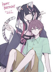  2boys ;) animal_ear_fluff animal_ears apron bell_oxsh belt_buckle black_dress black_hair black_sash black_sleeves blunt_ends bright_pupils brown_shorts buckle buttons center-flap_bangs chest_harness cho_kaguya-hime! closed_mouth collared_shirt commentary_request crossdressing crossdressing_(mtf) dated detached_sleeves dot_nose dress dual_persona ear_piercing earclip earrings english_text expressionless extra_ears finger_heart fingernails frilled_dress frilled_kimono frills gold_earrings green_shirt hands_up happy_birthday harness highres hoop_earrings horns japanese_clothes jewelry kimono kimono_dress knees_up komazawa_noi komazawa_noi_(real) komazawa_noi_(tsukuyomi) lace-trimmed_dress lace_trim long_fingernails long_hair long_sleeves looking_at_viewer male_focus medium_dress mismatched_earrings mullet multicolored_hair multiple_boys multiple_necklaces nail_polish necklace obi obijime one_eye_closed oni parted_lips piercing pink_horns pink_kimono pink_nails pink_ribbon pink_streaks purple_hair ribbed_shirt ribbon ring ring_necklace ring_piercing sash shirt short_hair short_sleeves shorts simple_background sitting sleeve_belt sleeveless sleeveless_kimono small_horns smile socks split_mouth streaked_hair striped_tail tail tiger_boy tiger_ears tiger_tail trap twintails twitter_username v very_short_hair violet_eyes waist_apron white_apron white_background white_pupils white_tail wide_sleeves wing_collar yellow_socks 