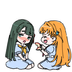  2girls :d :o alternate_hair_length_(longer) alternate_hairstyle apple_rabbit averting_eyes blue_dress blush_stickers cerise_bouquet commentary_request dress feeding flower_knot food food_art fruit full_body green_hair hair_ornament hasu_no_sora_school_uniform hinoshita_kaho holding holding_food holding_fruit holding_plate jitome long_hair love_live! love_live!_hasu_no_sora_jogakuin_school_idol_club medium_dress momose_ginko multiple_girls neckerchief open_mouth orange_hair plate pleated_dress puffy_short_sleeves puffy_sleeves rabbit_hair_ornament raised_inner_eyebrows red_neckerchief sailor_collar sailor_dress school_uniform seiza shinanoya_(satanicad) short_sleeves simple_background sitting smile straight_hair summer_uniform thick_eyebrows two_side_up virtual_youtuber white_background white_sailor_collar yellow_neckerchief 