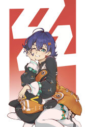  1girl 1other absurdres ahoge artist_name belle_(delicate_sunlight)_(zenless_zone_zero) belle_(zenless_zone_zero) blue_hair chinese_clothes dress eous_(zenless_zone_zero) green_eyes hair_between_eyes hair_ornament hand_on_own_cheek hand_on_own_face hand_up highres jekz letter_hair_ornament official_alternate_costume one_eye_closed pantyhose red_background short_hair sitting smile two-tone_background white_background white_pantyhose zenless_zone_zero 