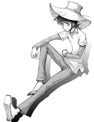  1boy closed_mouth commentary_request greyscale hat knee_up layered_sleeves long_sleeves male_focus matsumoto_temari mihira_sanpei monochrome pants sandals shirt short_hair short_over_long_sleeves short_sleeves sitting smile solo straw_hat tsurikichi_sanpei white_background 