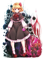  1girl animal_collar animalization ascot aura bell black_cat black_skirt blonde_hair brown_capelet capelet cat closed_mouth collar collared_shirt commentary_request dated full_body furim hair_ribbon highres holding holding_leash jingle_bell kaenbyou_rin kaenbyou_rin_(cat) leash long_sleeves multiple_tails neck_bell red_ascot red_collar red_eyes red_ribbon red_shoes ribbon rumia shirt shoes signature skirt socks tail touhou two_tails white_shirt white_socks 