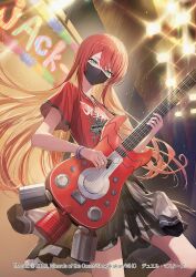  1girl 2026 black_mask black_skirt bracelet clothes_around_waist commentary_request copyright_notice dragon_musume_ni_naritakunai! duel_masters from_below green_eyes guitar harusaki_eiku holding holding_guitar holding_instrument instrument jacket jacket_around_waist jewelry long_hair looking_at_viewer mask morichika_shuuto mouth_mask official_art plaid_clothes plaid_skirt playing_guitar playing_instrument red_hair red_shirt shirt short_sleeves skirt solo 