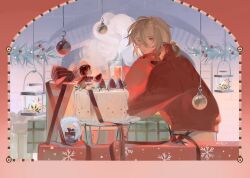  1boy 1girl blonde_hair blue_eyes border box cake candle cherry_(cytus) chibi christmas christmas_ornaments closed_mouth commentary_request cytus cytus_ii fireplace food gift gift_box head_rest high_collar highres holding holding_sack irregular_border long_hair long_sleeves low_ponytail meatbun_(_meatbun) ponytail red_eyes red_hair red_sweater ribbon sack santa_costume simon_jackson strawberry_cake sweater 