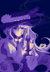  1girl absurdres candle candlestand closed_mouth collared_dress commentary_request contrast_collar cowboy_shot dolls_in_pseudo_paradise dress expressionless greyscale hat hat_feather highres holding holding_candlestand jacket_girl_(dipp) long_hair long_sleeves monochrome neck_ribbon purple_theme ribbon smoke solo touhou uzumibi very_long_hair 