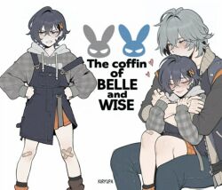 1boy 1girl belle_(zenless_zone_zero) brother_and_sister parody short_hair siblings sitting_on_lap the_coffin_of_andy_and_leyley wise_(zenless_zone_zero) zenless_zone_zero