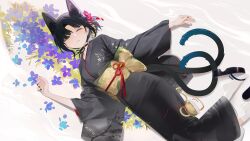 1girl absurdres animal_ear_fluff animal_ears black_eyes black_hair black_kimono blue_archive cat_ears cat_girl cat_tail commentary extra_ears flower hair_flower hair_ornament highres japanese_clothes kikyou_(blue_archive) kimono multiple_tails nekomata obi one_eye_closed pink_flower purple_flower sash short_hair solo tail two_tails yellow_sash zippo_(2387576974) 