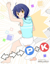  1girl 1other :q ^^^ ahoge bare_arms bare_shoulders barefoot blue_hair blue_hoodie blush brown_eyes button_prompt closed_mouth commentary_request drawstring emphasis_lines gochuumon_wa_usagi_desu_ka? highres hood hood_down hoodie jouga_maya mitya shorts sleeveless sleeveless_hoodie smile solo_focus tongue tongue_out white_background white_shorts 