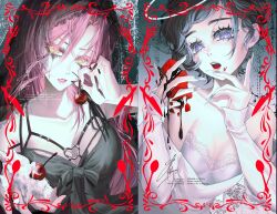  2girls alien_stage black_dress black_hair black_nails black_veil cherry commentary dress ell_e english_commentary fingernails food fruit grey_nails halo heart highres holding holding_food holding_fruit long_fingernails long_hair makeup mizi_(alien_stage) multiple_girls official_alternate_costume open_mouth parted_lips pink_hair runny_makeup short_hair sleeveless sleeveless_dress sleeves_past_wrists sua_(alien_stage) veil violet_eyes white_dress yellow_eyes 
