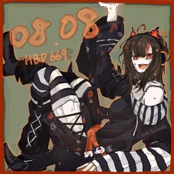  1girl :d ahoge animal_ear_headphones animal_ears arm_belt artist_name asymmetrical_legwear asymmetrical_sleeves bare_shoulders bat_wings belt black_hair black_shoes black_sweater box cat_ear_headphones cat_ears commentary_request cross-laced_clothes cross-laced_dress dated dress eyeball_hair_ornament fake_animal_ears full_body happy_birthday headphones highres in_box in_container layered_dress long_sleeves looking_at_viewer loose_socks m_hotbin83 mahou_shoujo_no_majo_saiban multicolored_hair off-shoulder_sweater off_shoulder open_mouth orange_eyes orange_streaks sawatari_coco sharp_teeth shirt shoes short_hair signature single_thighhigh skirt skull slit_pupils smile socks solo streaked_hair striped_clothes striped_sleeves striped_thighhighs sweater teeth thigh-highs twitter_username white_shirt white_skirt wings 