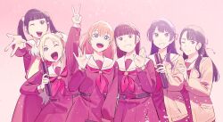 6+girls :d ;) ;d \||/ absurdres animification arm_up black_hair blonde_hair blue_eyes blue_hair blue_ribbon brown_cardigan brown_eyes brown_hair cardigan commentary_request cowboy_shot diploma_tube dress flower grin gyaru_w hair_flower hair_ornament hair_ribbon half_updo hasu_no_sanrenka hasu_no_sora_school_uniform highres hinoshita_kaho holding kan_kanna long_sleeves looking_at_viewer love_live! love_live!_hasu_no_sora_jogakuin_school_idol_club multiple_girls murano_sayaka neckerchief nirei_nozomi nonaka_kokona number_four_(asl) okpriko one_eye_closed open_cardigan open_clothes open_mouth orange_hair osawa_rurino pink_background pink_flower rabbit_hair_ornament real_life red_dress red_neckerchief red_ribbon ribbon sailor_collar sailor_dress school_uniform smile split_mouth twintails two_side_up v virtual_youtuber voice_actor voice_actor_connection w white_sailor_collar winter_uniform 