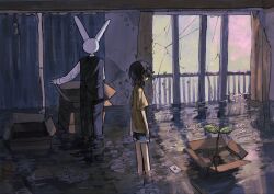  1boy 1girl abandoned arms_at_sides black_hair box cardboard_box crack cracked_wall curtains flood highres indoors izayoi_(i34i22w) jitome letter no_mouth original petals petals_on_liquid plant potted_plant rabbit_boy shorts teruterubouzu vines wading water 
