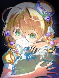  1girl absurdres assoonasdel blonde_hair braid commentary earth_(planet) flower glasses green_eyes hair_between_eyes hair_bun hair_flower hair_ornament hat highres looking_at_viewer nijisanji planet purple_flower round_eyewear shirt short_sleeves single_hair_bun smile smirk solo space star_(sky) virtual_youtuber yaguruma_rine yaguruma_rine_(1st_costume) yellow_shirt 