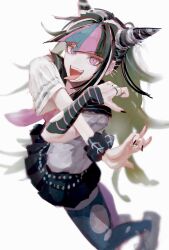  1girl absurdres asymmetrical_legwear black_hair black_scrunchie blue_streaks commentary_request danganronpa_(series) danganronpa_2:_goodbye_despair ear_piercing face_piercing gloves hair_horns highres lip_piercing long_hair magimagi_256 mioda_ibuki mismatched_legwear mouth_piercing multicolored_hair multiple_piercings neckerchief open_mouth piercing pink_eyes pink_hair pink_neckerchief pink_streaks sailor_collar scene_fashion school_uniform scrunchie sequential_piercings serafuku shirt short_sleeves simple_background skirt smile solo streaked_hair stretching striped_clothes striped_gloves thigh-highs tongue tongue_out torn_clothes torn_thighhighs white_background white_hair white_streaks wrist_scrunchie 