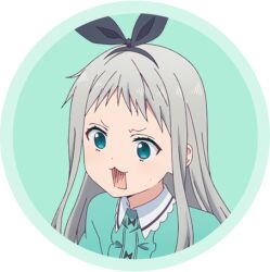  1boy :3 black_hairband blend_s border collared_shirt contrast_collar furrowed_brow green_background green_eyes green_shirt grey_hair hairband kanzaki_hideri long_hair long_sidelocks looking_ahead lowres male_focus official_art open_mouth portrait round_border shirt sidelocks smile solo stile_uniform surprised transparent_border trap v-shaped_eyebrows wide-eyed 