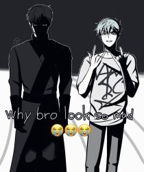  2boys \m/ alien_stage coat greyscale highres ivan_(alien_stage) kasa_kskm male_focus meme monochrome multiple_boys print_shirt shaded_face shirt short_hair signature till_(alien_stage) turtleneck turtleneck_shirt very_short_hair why_dis_ninja_look_so_mad_(meme) 