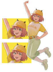  1girl :d arm_up baseball_cap baseball_uniform belt blonde_hair cleats commentary_request different_zoom_layer green_eyes green_pants hand_on_own_hip hat highres honma_himawari horned_hat koinko_(hunjinwashow) looking_at_viewer nijisanji nijisanji_koshien official_alternate_costume official_art open_mouth orange_belt orange_hair pants print_shirt shirt short_hair short_sleeves simple_background smile sportswear virtual_youtuber white_background yellow_shirt zoom_layer 