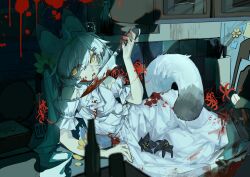  1girl absurdres animal animal_ear_fluff animal_ears bare_shoulders black_flower black_streaks blood blood_on_clothes blood_on_face blood_on_hand blood_on_knife blood_on_weapon blood_splatter blood_stain blurry blurry_foreground bow breasts cat_ears cat_girl cat_tail chino_(user_zdyd2447) commentary cuts dress flower hair_flower hair_ornament highres holding holding_knife indoors injury knife long_hair looking_at_viewer lying multicolored_hair on_side original petals red_flower shadow side_ponytail solo streaked_hair tail weapon white_arm_garter white_dress yellow_eyes yellow_flower yellow_petals 