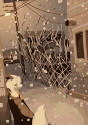  1other absurdres against_wall animal_ears black_horns body_fur brown_jacket building colored_sclera floppy_ears furry goat_boy highres horns house jacket lop_rabbit_ears ndfrskr non-web_source original outdoors rabbit_ears red_sclera scarf snow snowing tree utility_pole white_eyes white_fur white_tail winter yellow_scarf 