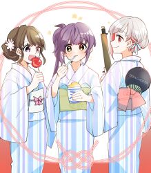  3girls :d blue_kimono blush candy_apple closed_mouth commentary_request expressionless feet_out_of_frame flower food fujishima_megumi green_eyes green_sash grey_hair hair_bun hair_flower hair_ornament highres holding holding_candy_apple holding_food holding_spoon japanese_clothes kanduki_kamibukuro kimono long_hair love_live! love_live!_hasu_no_sora_jogakuin_school_idol_club multiple_girls obi obiage obijime open_mouth otomune_kozue pink_flower profile red_eyes red_sash sash shaved_ice short_hair side_ponytail sidelocks single_hair_bun smile spoon standing striped_clothes striped_kimono utensil_in_mouth vertical-striped_clothes vertical-striped_kimono violet_eyes virtual_youtuber white_sash yugiri_tsuzuri yukata 