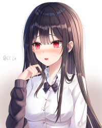  1girl :d absurdres artist_name black_bow black_bowtie black_hair black_nails blunt_bangs blush bow bowtie breasts button_gap buttons cc_lin chinese_commentary collared_shirt commentary_request dress_shirt earrings eyelashes fang hair_between_eyes hair_over_shoulder hand_up heart highres jewelry large_breasts long_hair long_sleeves looking_to_the_side multicolored_nails nail_polish nose_blush open_mouth original playing_with_own_hair red_eyes red_nails shirt sidelighting sidelocks simple_background slit_pupils smile solo straight_hair stud_earrings upper_body very_long_hair white_background white_shirt 