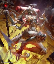  chain clawed_feet closed_mouth colored_skin commentary_request company_name copyright_notice cygames extra_arms fingernails floating full_body god_of_curses_(shadowverse) gold_choker hands_up highres holding holding_staff horns long_fingernails monster monster_focus no_eyes no_humans official_art shadowverse solo staff tail white_skin xui_ton 