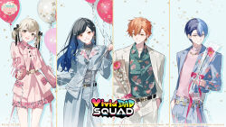  2boys 2girls :d aoyagi_touya artist_name asymmetrical_clothes asymmetrical_jacket azusawa_kohane balloon belt black_hair blonde_hair blonde_streaks blue_background blue_hair blue_jacket blue_pants breasts brown_eyes buttons closed_mouth collared_jacket collared_shirt column_lineup commentary_request company_name copyright_notice cowboy_shot dot_nose double-parted_bangs dress earrings floral_print floral_print_jacket floral_print_pants floral_print_shirt flower gradient_hair green_shirt grey_eyes grey_shirt grin group_name guest_art hair_behind_ear hair_between_eyes hair_ornament hand_in_pocket hand_up highres holding holding_balloon holding_flower jacket jewelry lapels light_blush lineup long_hair long_sleeves looking_at_viewer low_twintails medium_hair mole mole_under_eye multicolored_hair multiple_boys multiple_girls necklace notched_lapels official_alternate_costume official_alternate_hair_ornament official_art open_collar open_mouth orange_hair pants pink_dress pink_flower pink_jacket pink_shirt print_shirt project_sekai second-party_source shinonome_akito shiraishi_an shirt short_hair short_twintails sleeves_past_wrists small_breasts smile split-color_hair standing star_(symbol) star_hair_ornament streaked_hair swept_bangs turtleneck turtleneck_shirt twintails ugonba_(howatoro) vivid_bad_squad_(project_sekai) white_jacket white_pants 