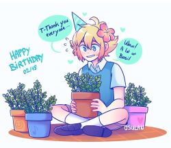  1boy antenna_hair artist_name basil_(faraway)_(omori) basil_(omori) black_shoes blonde_hair blue_eyes brown_shorts collared_shirt commentary dated double-parted_bangs english_commentary english_text flower flower_pot flying_sweatdrops green_sweater_vest hair_between_eyes hair_flower hair_ornament happy_birthday indian_style mini_party_hat omori osulan plant potted_plant shirt shoes short_hair shorts sidelocks sitting socks solo speech_bubble sweater_vest white_shirt white_socks 