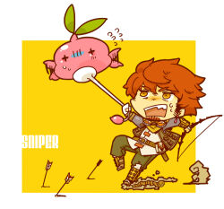  1boy arrow_(projectile) belt_buckle belt_pouch bow_(weapon) buckle character_name chibi chibi_only commentary_request creature facial_hair flailing flying_sweatdrops full_body goatee goggles goggles_around_neck green_pants hair_between_eyes holding holding_bow_(weapon) holding_weapon looking_at_creature male_focus motimamire open_mouth pants planted planted_arrow pouch red_hair sekaiju_no_meikyuu sekaiju_no_meikyuu_4 short_hair sniper_(sekaiju) sniper_3_(sekaiju) solo sweat teeth upper_teeth_only weapon white_background yellow_background yellow_eyes 