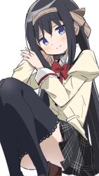 1girl akemi_homura anime_coloring black_hair black_skirt black_thighhighs bow bowtie brown_bow brown_hairband brown_shoes closed_mouth collared_shirt dot_nose foot_out_of_frame frilled_sleeves frills hair_between_eyes hair_bow hairband hand_on_own_cheek hand_on_own_face hand_on_own_wrist head_rest high_collar highres jewelry jitome juliet_sleeves knees_up lace-trimmed_thighhighs lace_trim layered_shirt light_blush long_hair long_sleeves mahou_shoujo_madoka_magica mahou_shoujo_madoka_magica:_walpurgis_no_kaiten miniskirt mitakihara_school_uniform plaid_clothes plaid_skirt pleated_skirt pocket puffy_sleeves purple_eyes red_bow red_bowtie ring school_uniform shirt shoes sidelocks simple_background sitting skirt sleeve_cuffs smile solo striped_bow thighhighs tsubaki_(tatajd) uwabaki very_long_hair white_background white_shirt yellow_shirt