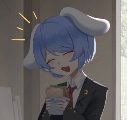  1girl animal_ears black_jacket blazer blue_hair closed_eyes collared_shirt commentary eating english_commentary facing_viewer floppy_ears food holding holding_food holding_sandwich jacket long_sleeves necktie no_noru notice_lines open_mouth rabbit_ears rabbit_girl red_necktie reisen_(touhou_bougetsushou) sandwich shirt short_hair smile solo touhou upper_body white_shirt 
