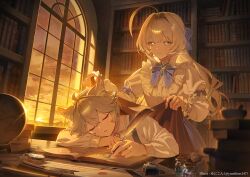  1boy 1girl absurdres ahoge animal_ears artist_name blonde_hair blue_bow blue_bowtie book book_stack bookshelf bow bowtie closed_mouth commentary_request dusk green_eyes hair_bow highres indoors long_hair notebook open_mouth original seo_(yunikon) shelf shirt short_hair sleeping twilight white_hair white_shirt window wolf_ears yoha_(yunikon) yunikon 
