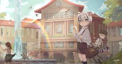  4boys absurdres animal_ears bag black_streaks blue_eyes clock commentary_request full_body hair_between_eyes highres house kneehighs long_sleeves mao_(omurice_(roza4957)) multicolored_hair multiple_boys omurice_(roza4957) original people scenery shirt shorts shoulder_bag socks streaked_hair tail tiger_boy tiger_ears tiger_tail white_hair white_shirt 