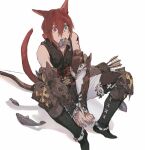  1boy animal_ears aqua_eyes arm_guards arrow_(projectile) bangs black_footwear black_pants boots bow_(weapon) cat_boy cat_ears cat_tail code009 cross-laced_footwear facial_mark feet_out_of_frame final_fantasy final_fantasy_xiv fish from_above g&#039;raha_tia hair_between_eyes heterochromia highres knee_boots knee_guards knees_up looking_at_viewer male_focus miqo&#039;te mouth_hold pants quiver red_eyes redhead short_hair simple_background sitting sleeveless solo tail v_arms vest weapon white_background white_pants 